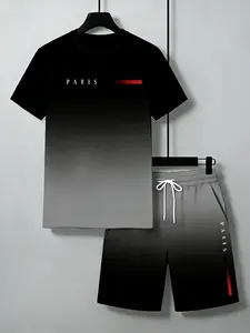 Men's Paris Letter Print T-Shirt & Shorts Set, Casual Crew Neck 2 Piece Outfit, Polyester Knit, All Season Wear, Summer Workout & Vacation Clothes