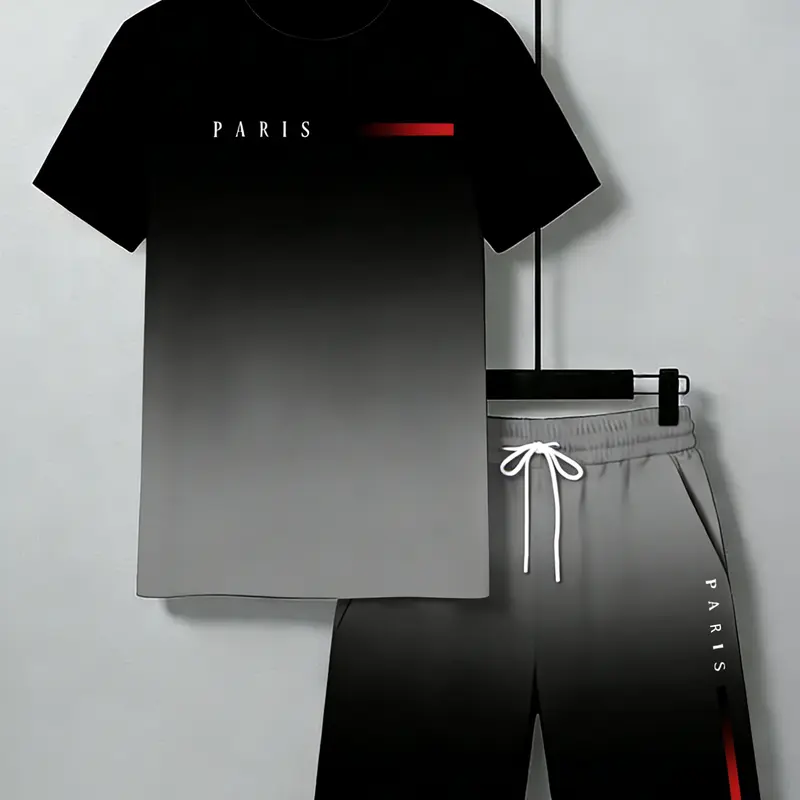 Men's 2 Piece Sets, Casual Paris Letter Print Round Neck Shortsleeve T-Shirt and Shorts, Polyester Knit Menswear for Summer Workouts & Vacation, Men’s Clothes