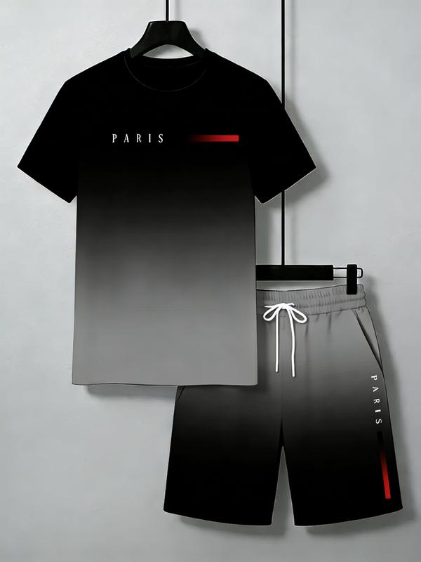 Men's 2 Piece Sets, Casual Paris Letter Print Round Neck Shortsleeve T-Shirt and Shorts, Polyester Knit Menswear for Summer Workouts & Vacation, Men’s Clothes