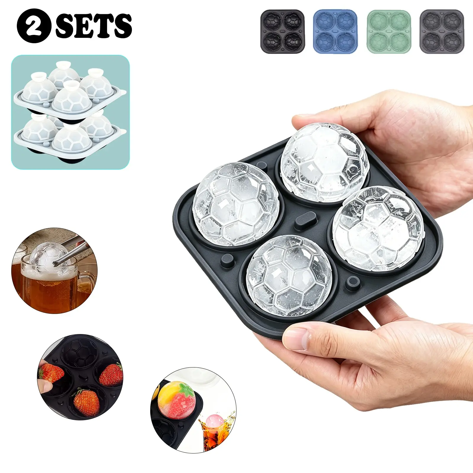 Two-Piece Soccer Season Ice Cube Molds, Silicone Material Easy Release, Home Use 3D Soccer Texture with Lid, Convenient Ice Maker Mold, Ice Cube Trays