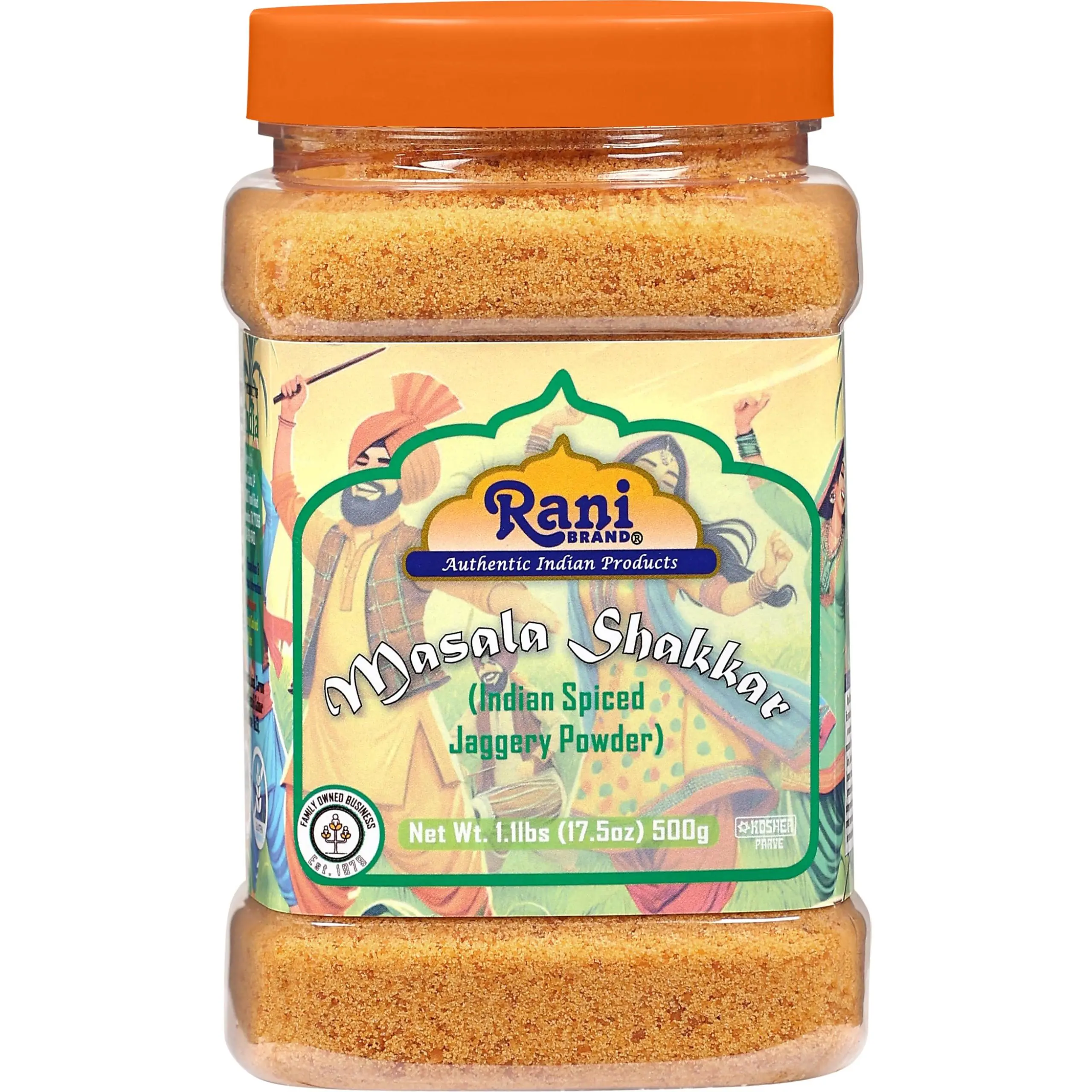Rani Masala Shakkar (Indian Spiced Jaggery Powder) Unrefined Raw Cane Sugar 17.5oz (1.1lbs) 500g PET Jar ~ Gluten Friendly | Vegan | NON-GMO | Kosher | No Salt or fillers | Indian Product