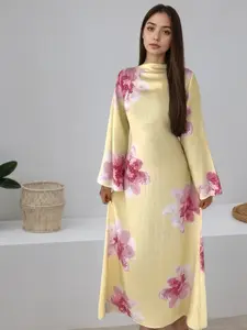 Floral Print Long Sleeve Woven Robe Dress for Women, Elegant Design with External Tie Belt, Comfortable and Stylish for All Occasions