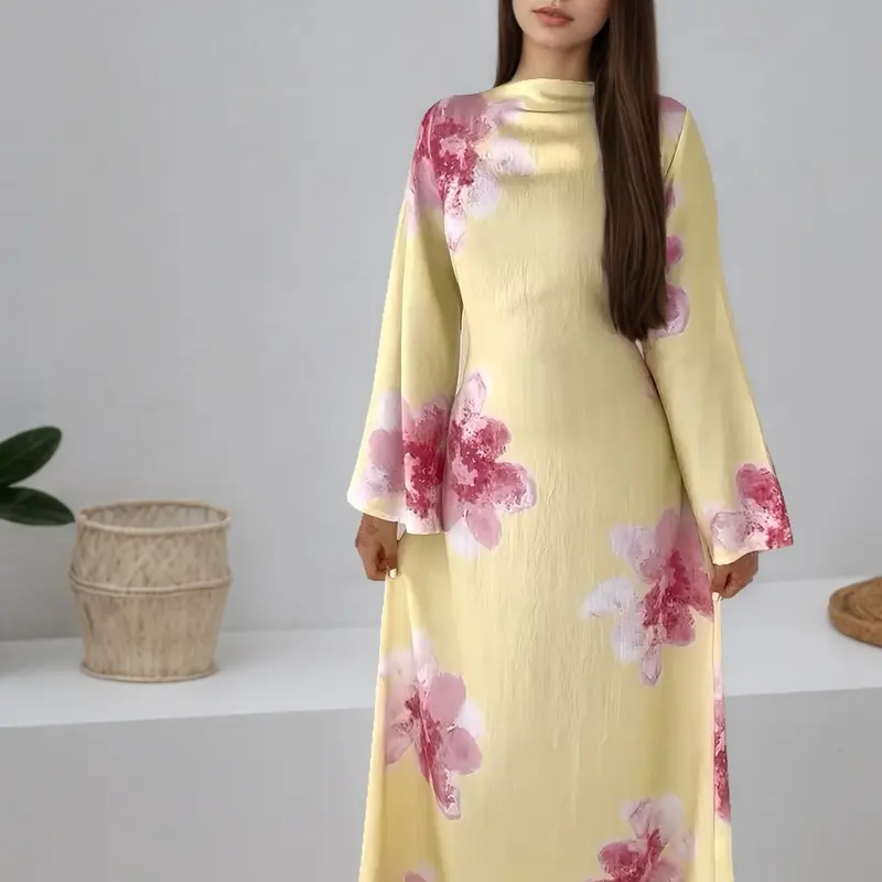 Floral Print Long Robe for Women, Long Sleeve Elegant Design with External Tie Belt, Comfortable and Stylish for All Occasions, Belt Dress