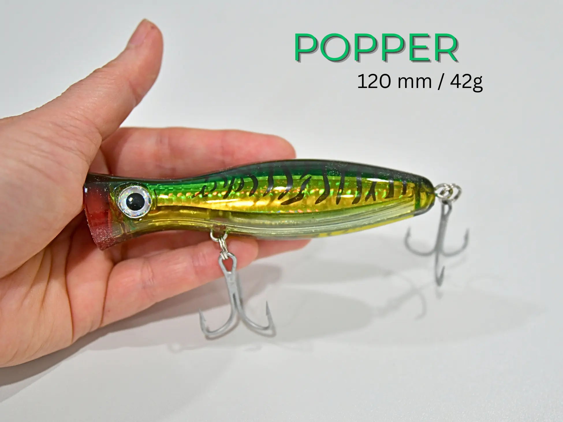 Señuelo de pesca tipo POPPER de la marca Mr Señuelo de 120 mm / 42 g. Titan Splash para pesca en superficie.