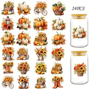 24pcs/Set Autumn Pumpkin DIY Glass Jars Wrap Stickers Coffee Cups UV DTF High Self-adhensive Wraps Transfers Decor Sticker On Mugs 16oz High Quality Sticker, DIY Decorations, Home Crafting, Festive Wraps, Autumn Theme, Crystal Embellishment, Matte Finish,