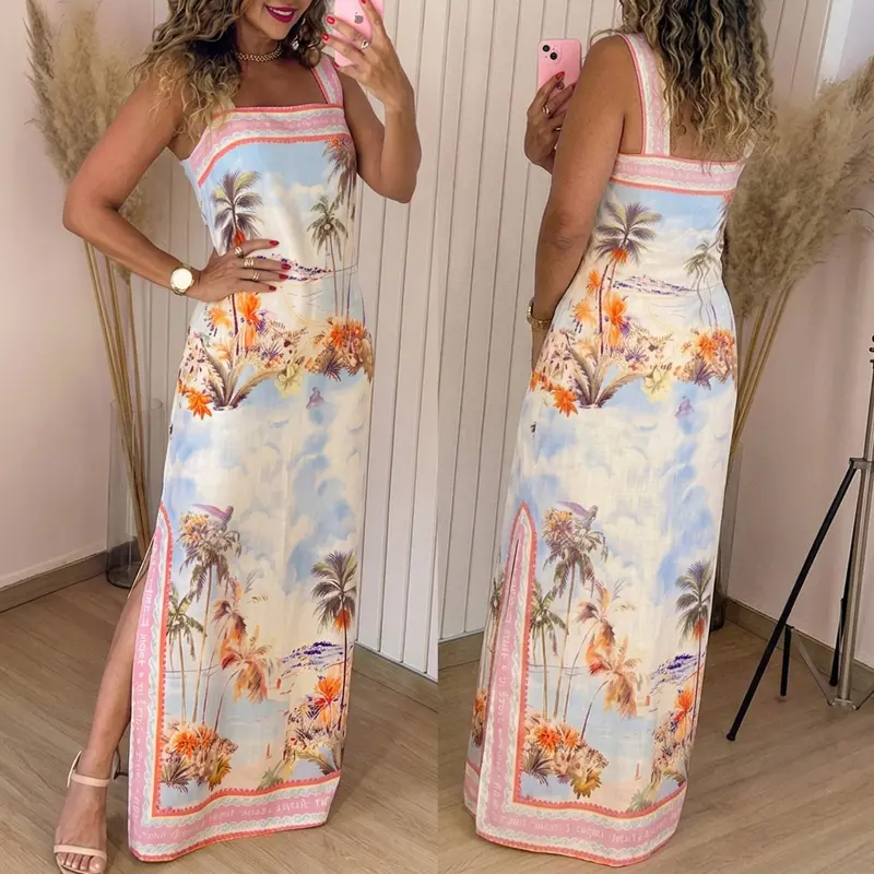 CHICME Women's Tropical Landscape Print Square Neck Maxi Dress Side Slits Backless Vacation Beach Dress with Pockets