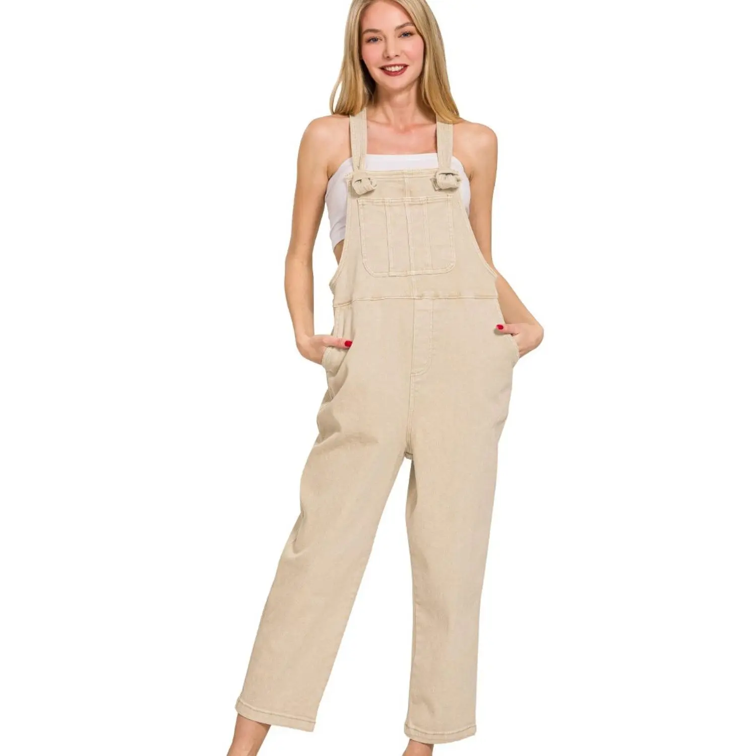 Zenana Washed Knot Strap Relaxed Fit Overalls