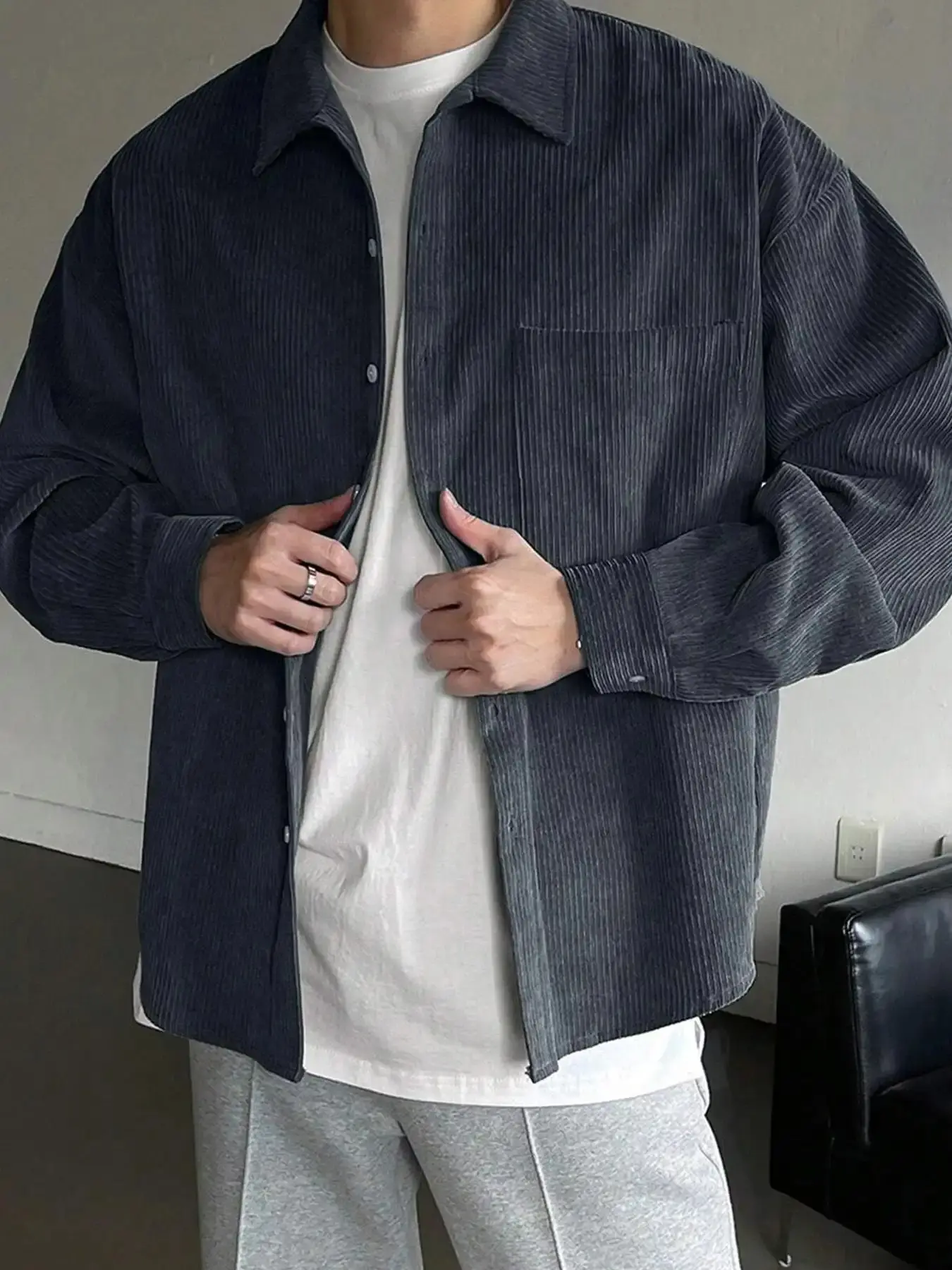 Men's Solid Button Front Pocket Shirt Loose Casual Drop Shoulder Long Sleeve Collared for Fall Winter Daily Wear Comfortable Streetwear Top, layering piece, must have item, street style, everyday wear