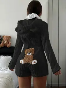 Teddy Bear Fleece Romper for Women - Soft Coquette Hooded Pajamas, Comfortable Long Sleeve Loungewear