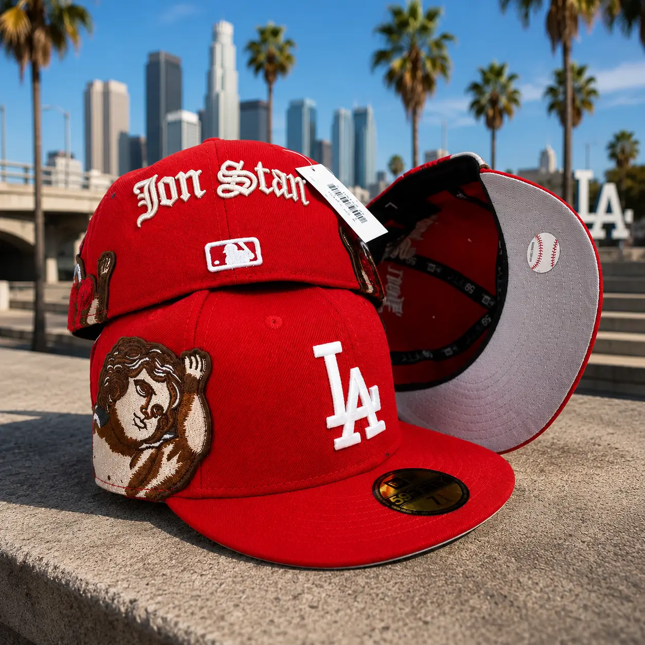 Red LA Fitted Baseball Cap – Angel Embroidered Flat Brim Streetwear Hat