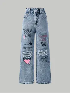 Girl's Letter Print  Ripped  Jeans, Cute Fashion Casual Denim Pants for Daily Outdoor Wear, Kids Bottoms for All Seasons, Graphic Jeans