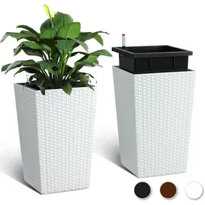 Garvee 16 Inch Self-Watering Rattan Planter Set of 2 with Water Level Monitor and Wheels, Ideal for Indoor and Outdoor Use on Patio, Porch, Living Room, or Office
