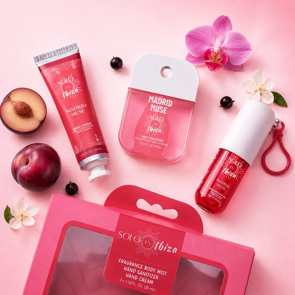 SOLO EN IBIZA Madrid Muse 3-in-1 Giftable Set, Softening Hand & Body Care Trio with Shea Cream, Mist & Sanitizer, Plum, Vanilla & Cassis Scent, 3 x 30mL, Fruit, Orchid, Travel Size, Absorbs Quickly, Travel Ready, Boxed Body Care Sets, Smooth, Scented, Fra