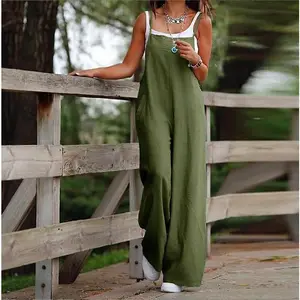 2025 European and American Fashion Casual New Style Women's Pocket Cotton and Linen Casual Sling Jumpsuit
