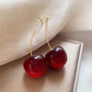 Small Fresh Sweet Lovely Cherry Earrings Long Pendant Fruit Earrings Red Cherries Aesthetic Earrings Charm Jewelry Party Gifts