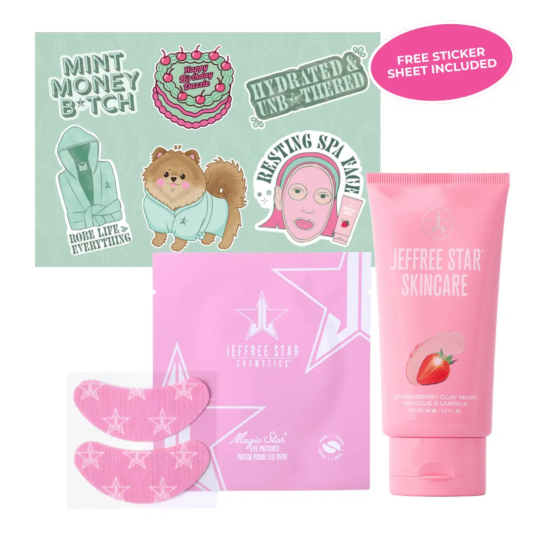Strawberry Mint Spa Bundle - Limited Edition 'Mint Money' Star Robe Drop Sticker Sheet, Magic Star Eye Patches (6 Pairs), Strawberry Clay Mask