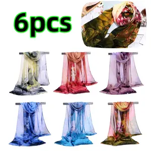 6 pack Summer Printed Sunscreen Scarf Long Chiffon Georgette Thin Shawl Scarves Floral Head Scarf Lightweight Summer Scarfs Fashion Accessories
