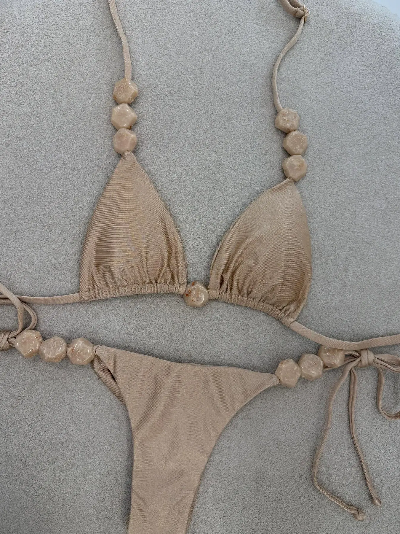 Women's Two-Piece Bikini Set, Low-Waist Micro Bikini, Beaded Pure Color String Swimsuit, Holiday Casual Swim Party Beachwear, Beaded Accents, Bikini Outfits