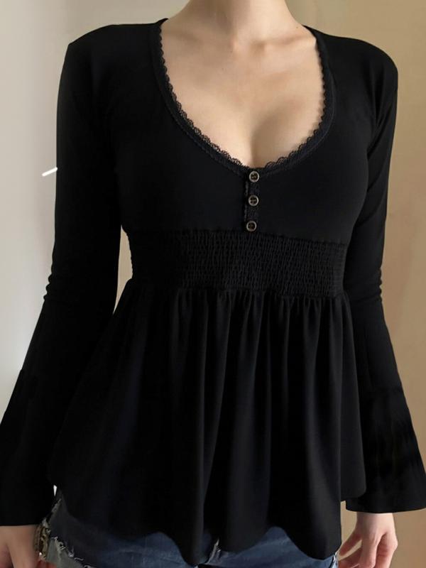 Sexy Elegant Low Neck Knit Half Placket Top. Casual Classy Top Flare Sleeve Loose Baby Doll Blouse. Solid Black Casual Y2K Minimalist T-Shirt for Daily Commute & Dating.