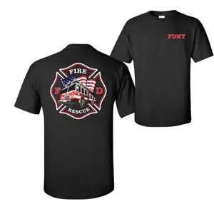 FDNY Fire Rescue T-Shirt – Vintage Firetruck & American Flag Graphic Tee, Soft Black Cotton Shirt, First Responder Support Apparel For Men, Patriotic Gift For Firefighters