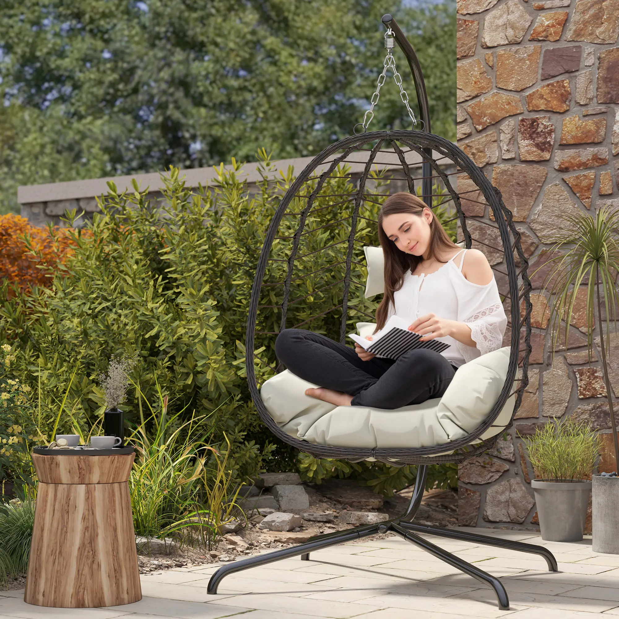 Summervibes LHBCRAFT（ 82"H）Hanging Egg Chair Outdoor with Stand, Indoor Wicker Hanging Egg Swing Chair with Cushion, 350lbs Capacity for Patio, Bedroom, Garden - Beige,Gray,