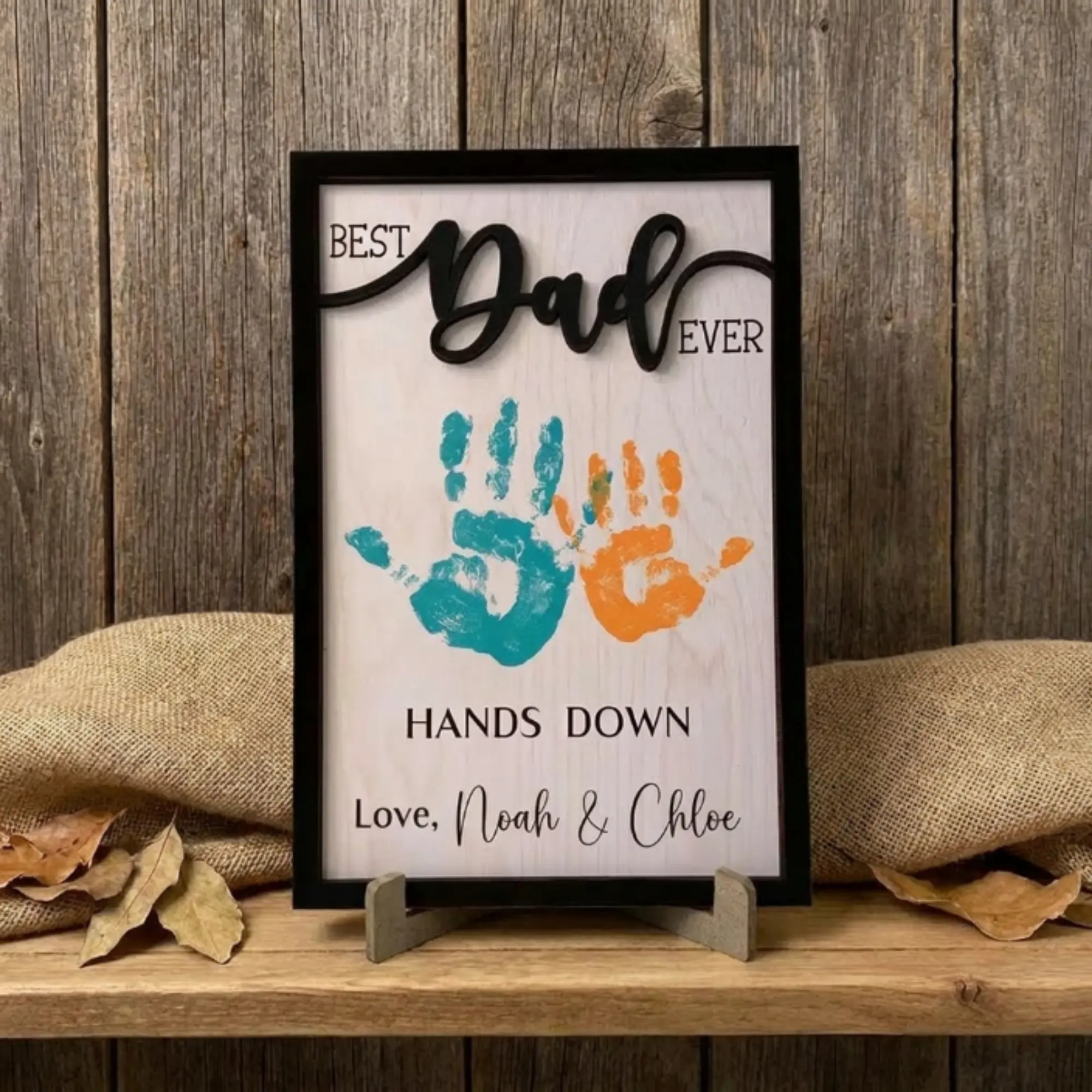Personalized Best Dad Ever Hands Down - Father's Day Wooden DIY Handprint Sign  Personalized Gift for Dad from Kids, Perfect Present for Dad, Papa, Daddy, Grandpa, Father’s Day Gift