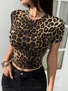 Fashion Casual Leopard Print Knit Fitted T-Shirt, Women's Pure Color Short Sleeve Top, Comfortable Stylish Round Neck Shirt