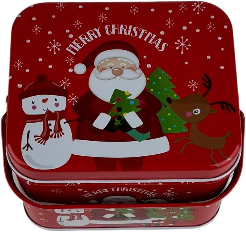 Red Metal Square Christmas Organiser Tin Container with Lid, Handle & Print, Portable Sturdy Kitchen Preserving Container, Ideal for Gifts