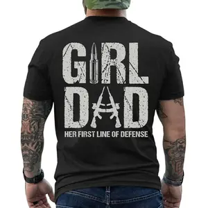 Girl Dad Her First Line of Defense Graphic T-Shirt Funny Dad Tee, Short Sleeve Printed Graphic Shirt, Daily Casual Cotton Menswear