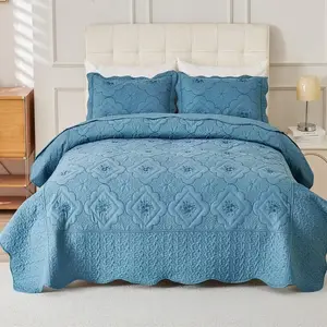 3pcs Quilted Bedspread Set - Intricate Floral Embroidery | King/Queen Size | 100% Polyester, Wrinkle-Resistant & Lightweight | Elegant Bedroom Decor