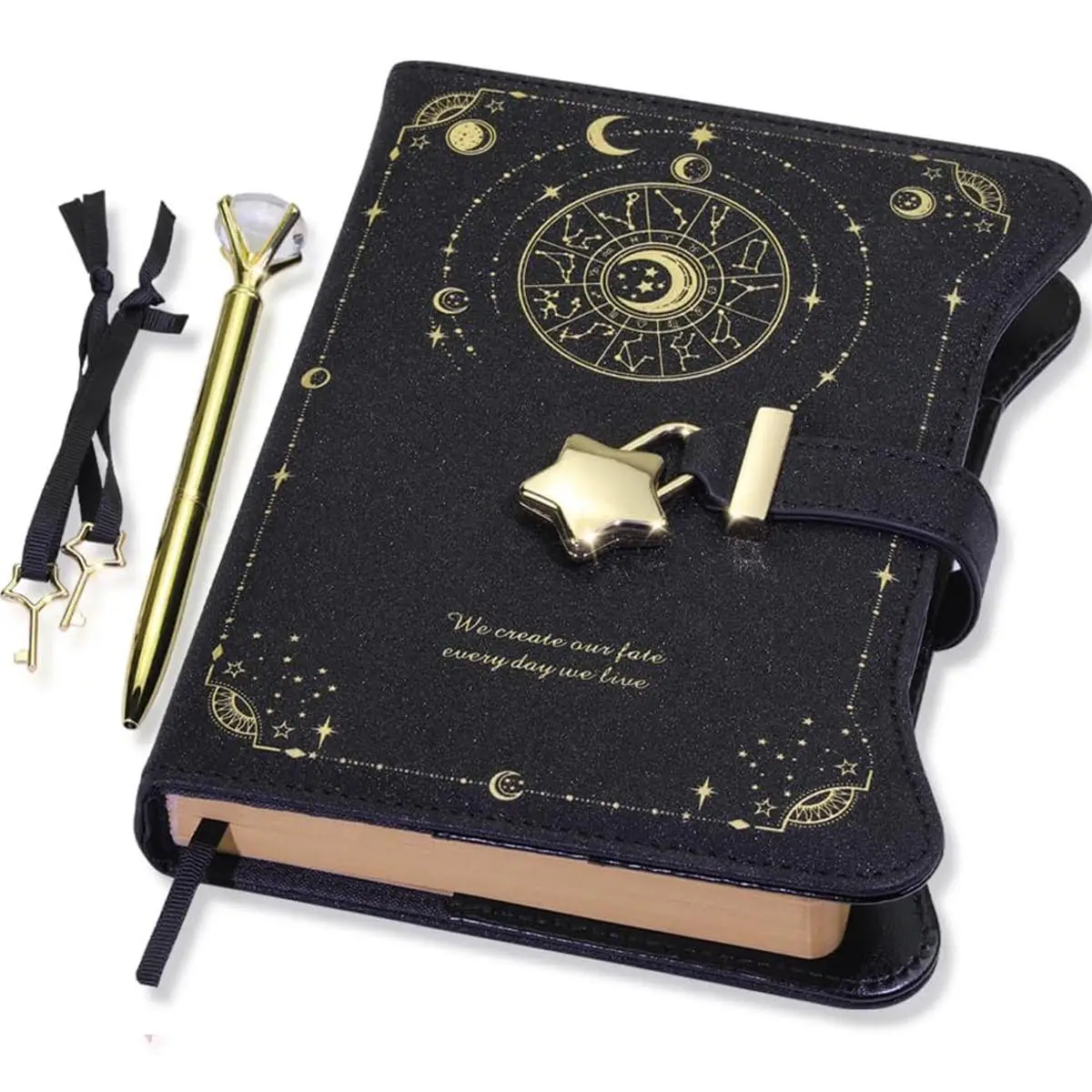 A5 Constellation Pattern Diary with Lock & Key & Pen & Bookmark, 360 Pages Moon Pattern Journal, B6 Refillable Notebook for Writing, Valentine's Day G