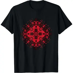 100%cotton Ornamental Red Black Floral Symmetric Mandala T-Shirt