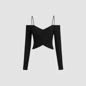 Cider [size 2-10] Knit Off-shoulder Solid Long Sleeve Top