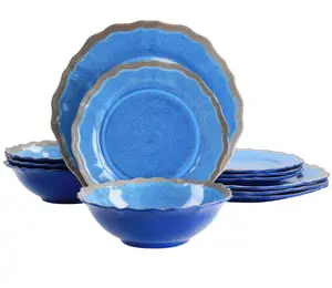 Melamine 12 Piece Dinnerware Set, Blue, Includes Table, Plates, Cups & Bowls