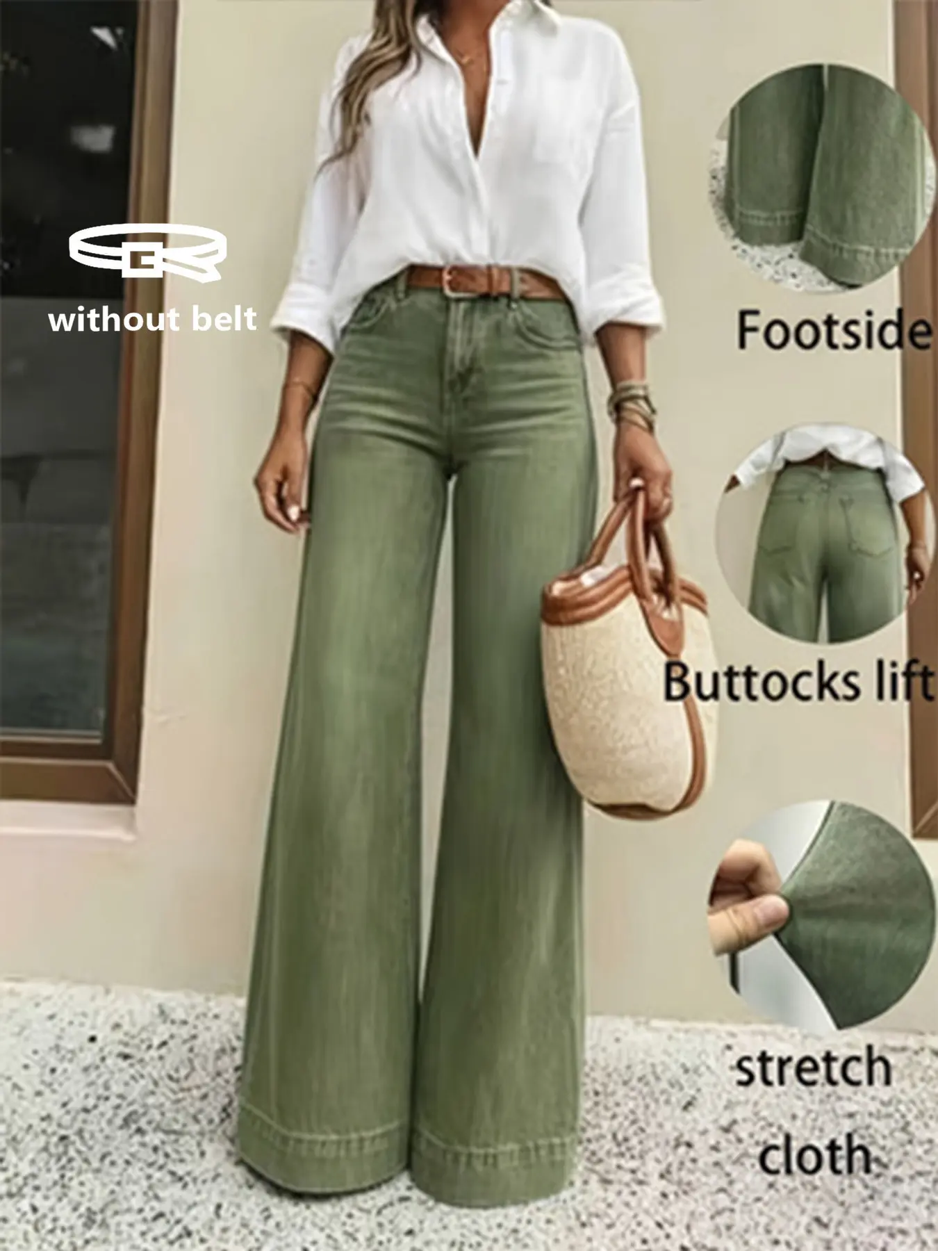 Wkwb Women's Olive High-Waisted Loose Baggy Wide-Leg Jeans, Bottom, Fit, Elastic Fabric, Pockets, Butt Lifting, Flowy Hem, Casual Chic Daily Wear, All Sizes, Womenswear