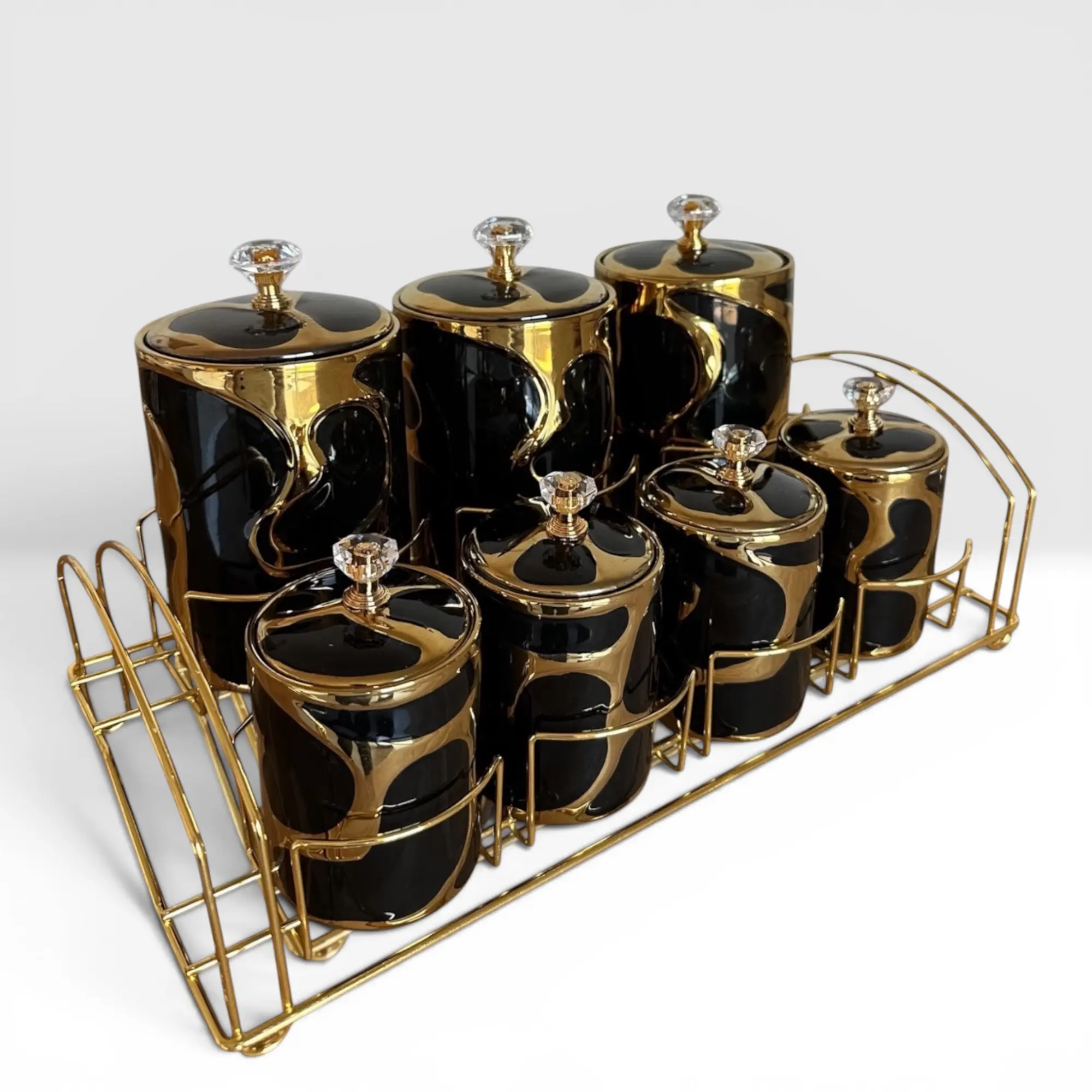 7-piece Luxury Black & Gold Ceramic Gold Abstract Organic Canister Spice Jar Set with Air-Tight Crystal Knob Lids and Storage Stand for Home Organization