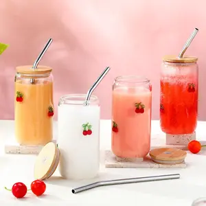 4 count Icon Juice Glass Tumblers - 17 oz Cherry Icon Glass Cups with Lid, Straw and Cleaning Brush,   Coffee Soda Glassware for Halloween Thanksgiving Christmas Party Gifts