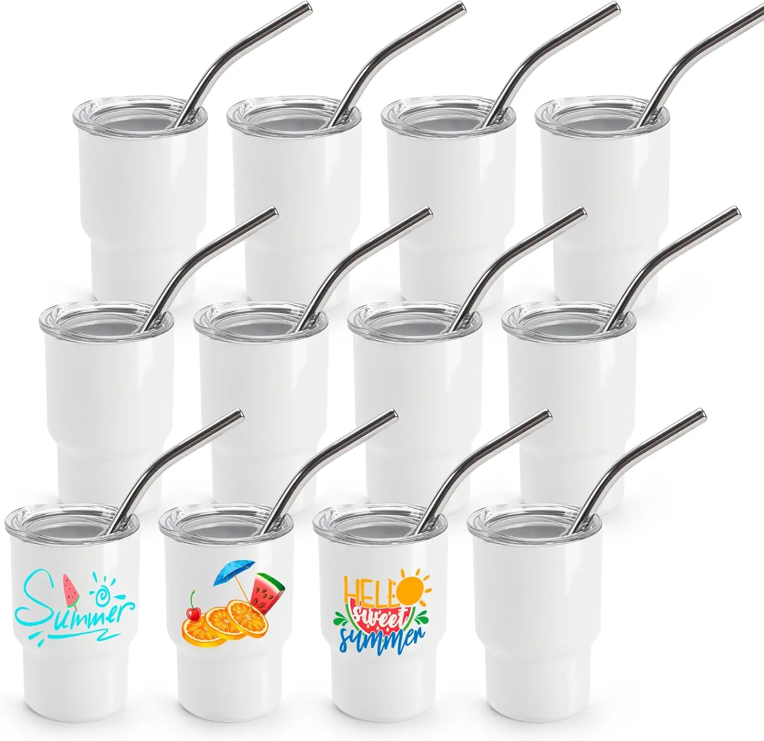 12-Pack 3 oz Insulated Leak-Proof Stainless Steel Mini Tumblers with Lid, Includes 12 Straws, White Sublimation Portable Drink Cups for Valentine's Day, Family Gatherings, Party Favors, Insulation, Easter