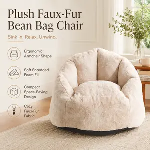 Faux Fur Bean Bag Chair for Adults Plush Accent Chair Ergonomic Armchair with Shredded Foam Fill Beige Lounge Chair for Reading Gaming Bedroom Living Room Small Space Seating Cozy Dorm Apartment Furniture