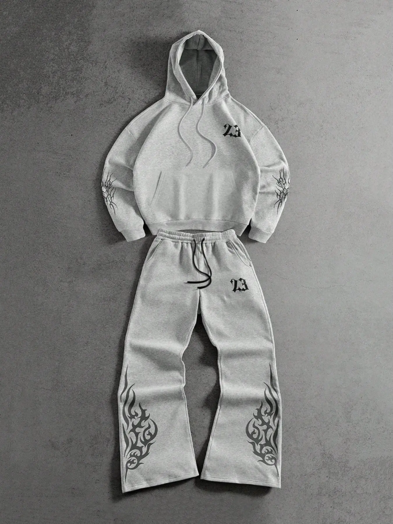 Men's Flame Graphic Hoodie & Flared Pants Set, Gothic Y2K Streetwear Loungewear, Loose-Fitting Fall Winter