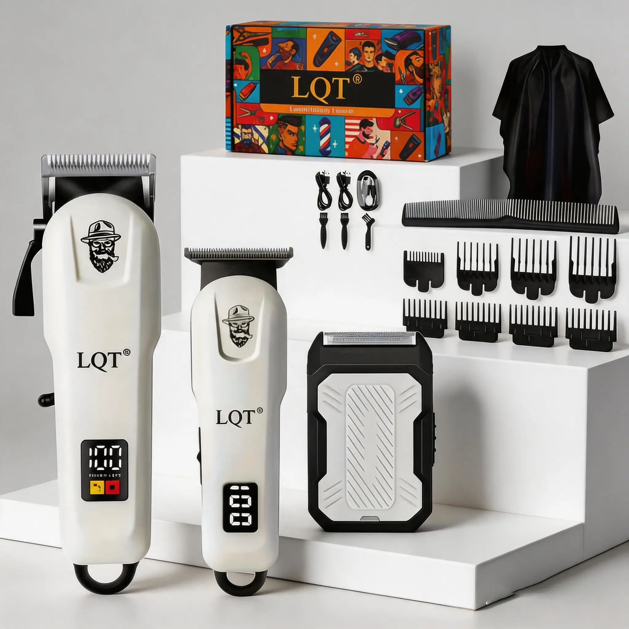 LQT Men's 3-piece grooming kit, USB rechargeable, suitable for daily haircuts and facial care, includes a cordless hair clipper, beard trimmer, gradient kit, precision trimmer, adjustable tools, barber equipment, and a men's gift. shaver device