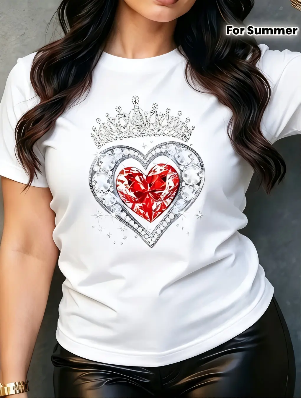 Summer Heart Crown T-Shirt for Women - White Top with Red Heart Design - Perfect for Summer Wear