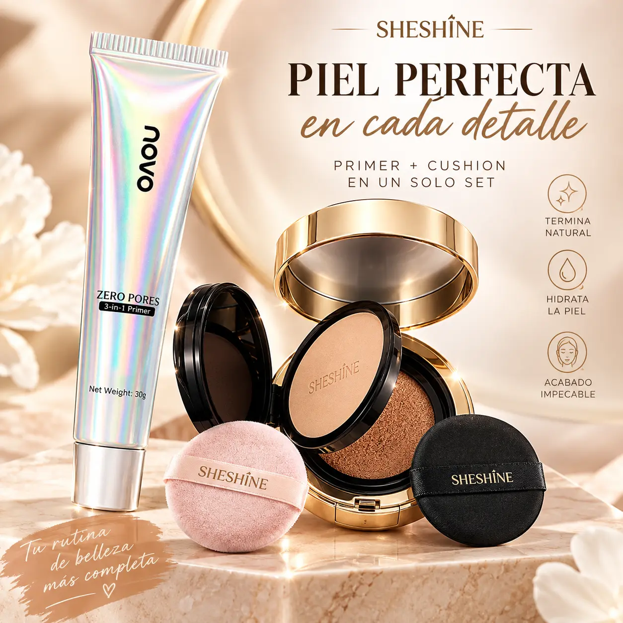 【L】SHESHINE NOVO-Cushion BB +Polvo Compacto 2-en-1 Base de Maquillaje Extracto de Centella asiática+Primer para Rostro Face Cero Brillo Acabado Mate