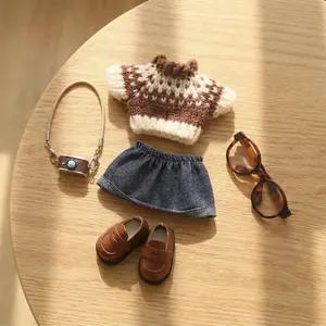 5 Piece Doll Clothes Set for 17cm La-Bubu Dolls, Includes Knit Sweater, Leopard Print Top, Vintage Camera Strap, Shoes & Pants, Doll Clothing Set