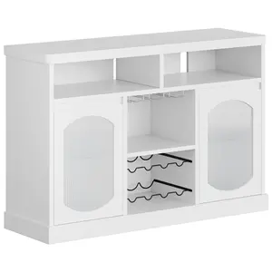 GARVEE Modern Buffet Cabinet with Led Lights, White Sideboard with 2 Glass Doors, Ample Storage, Versatile Wine Racks, and Chic Design for Kitchen, Dining, and Living Room, White