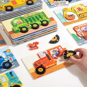Children Wooden Vehicle Puzzle Toy Set (20 Patterns), Educational Early Learning Blocks, Includes Fire Truck, Bulldozer, Cement Mixer, Jigsaw Puzzle