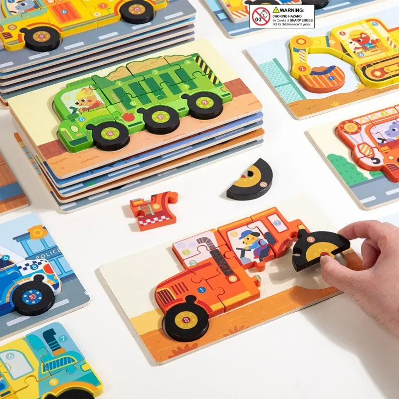 Children Wooden Vehicle Puzzle Toy Set (20 Patterns), Educational Early Learning Blocks, Includes Fire Truck, Bulldozer, Cement Mixer, Jigsaw Puzzle, Wood Puzzles, Toddler Puzzles, Puzzles For Toddlers