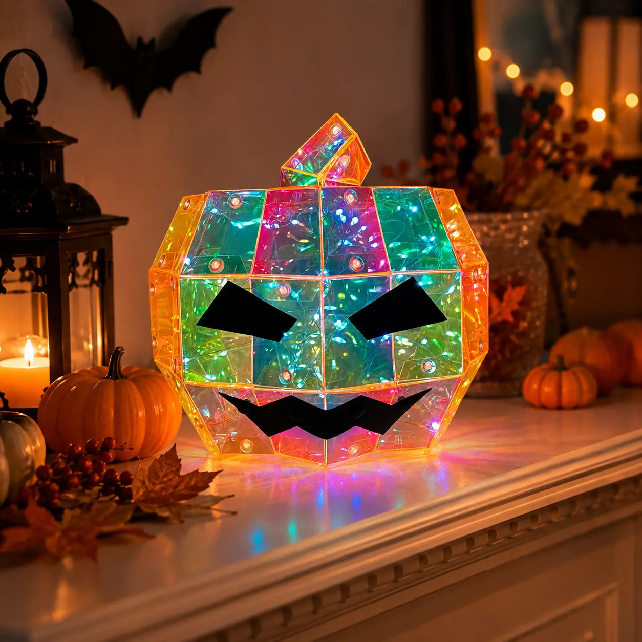 Halloween LED pumpkin lanterns, devil pumpkin lanterns, USB or battery-powered, perfect for indoor parties, holiday photo props, tabletops, living rooms, entryways, fireplaces, bedrooms, and haunted house decorations Geometric