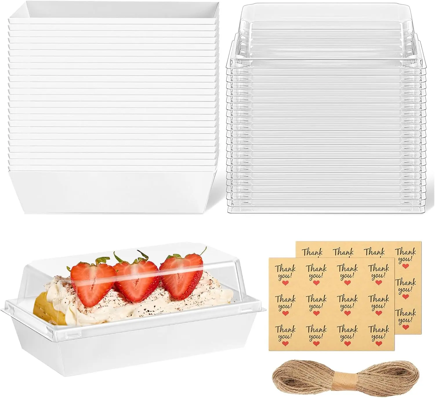 50pcs To Go Dessert Boxes with Clear Lids, with 50 stickers and 40m hemp rope ropes, Small Treat Boxes Paper Charcuterie Containers for 2 Cupcakes, Muffins, Sandwich, Strawberries (White)