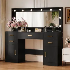 TOKSOM Vanity with Lighted Mirror Makeup Desk 10 LED Bulbs 3 Lighting Modes Adjustable Brightness 5 Drawers and 2 Door Cabinets Bedroom White Large Dreeser Without Stool